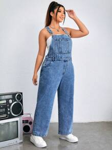 SHEIN EZwear Peto vaquero azul casual, holgado y ajustable para mujer de talla grande