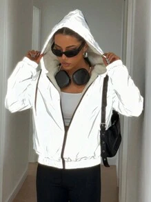 SHEIN EZwear 女式秋冬休闲双面连帽反光细节夹克 - 灰色 - 查看 4