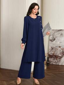 Al Najma 2pcs Women's Casual Solid Color Button Decor Split Hem Extra Long Top And Wide Leg Pants Set 2 Pieces Set Fall Cloth For Women - Royal Blue - View 7