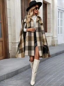 SHEIN Clasi Áo khoác nữ thanh lịch kẻ caro thắt eo với khuy trang trí, thích hợp cho mùa thu và mùa đông, màu nâu kaki ấm áp, kiểu dáng cổ điển, màu Maillard, thích hợp đi du lịch sân bay. - Nhiều màu - Xem 4