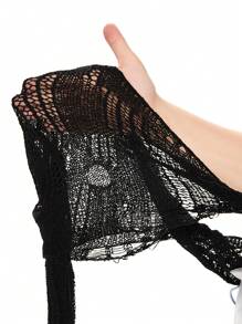 ROMWE Fairycore Women's Solid Color Dropped Shoulder Long Sleeve Cropped Distressed Sweater, Autumn/Winter