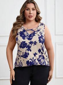 EMERY ROSE 大码花卉印花交叉休闲背心 - 藏蓝色 - 查看 4