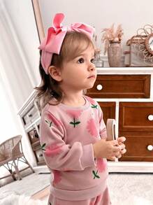 SHEIN 2pcs Baby Girls' Floral Print Pink Top And Pants Set, Fall/Winter - Pink - View 5