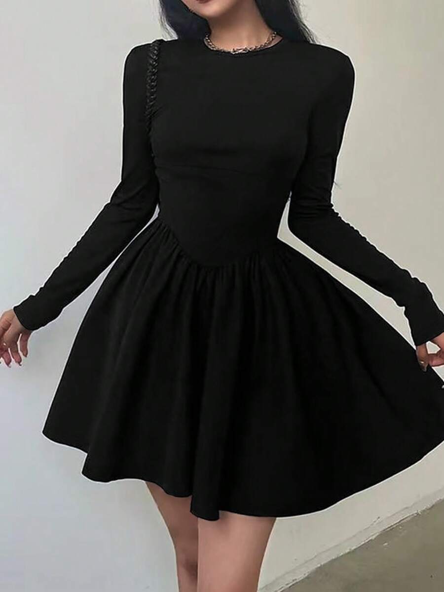 Women Solid Color Round Neck Long Sleeve Elegant Mini Dress, Spring ...