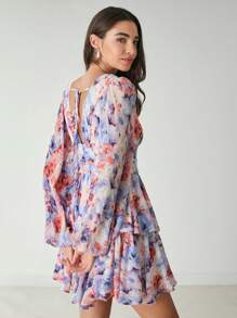 SHEIN 女式全印花 V 领分层长袖连衣裙 - 藍色 - 查看 2