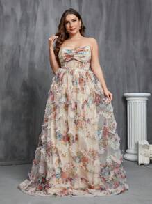 大码花卉贴花褶皱胸部网纱紧身连衣裙，优雅正式晚礼服，适合婚礼宾客、毕业典礼、鸡尾酒会、情人节等场合。 - 杏色 - 查看 1