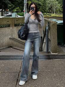 DAZY 女式纯色修身半襟纽扣长袖 T 恤，返校服装 - 灰色 - 查看 6