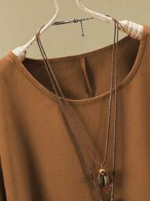EMERY ROSE 2pcs Plus Size Casual Solid Color Batwing Sleeve Shirt And Pants Set - Coffee Brown - View 5