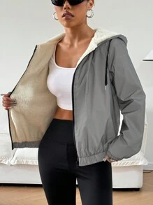 SHEIN EZwear 女式秋冬休闲双面连帽反光细节夹克 - 灰色 - 查看 7