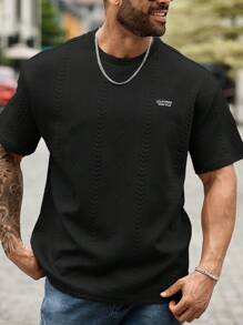 Manfinity Homme 大码男士休闲纹理字母印花短袖 T 恤，夏季 - 黑色 - 查看 5