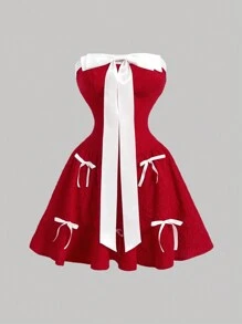 SHEIN MOD Elegant Contrast Color Bow Decor Strapless Dress - Red - View 1
