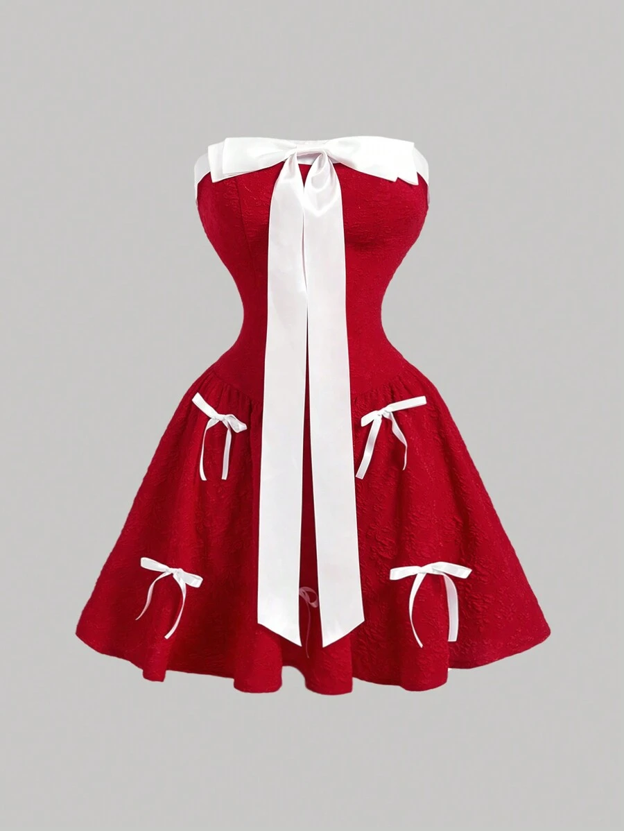 SHEIN MOD Elegant Contrast Color Bow Decor Strapless Dress - Red - View 1
