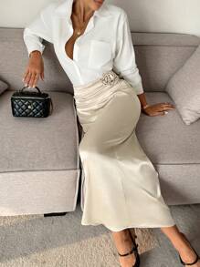 SHEIN Frenchy 女士 3D 花卉缎面长裙 - 杏色 - 查看 6