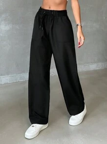 RueChic Women's Solid Low Waist Drawstring Parachute Pants - Black - View 4
