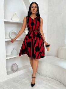 SHEIN Women's Elegant Geometric Print Tie Waist Short Dress