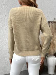 SHEIN Clasi Long Sleeve V-Neck Dropped Shoulder Contrast Sequin Sweater, Autumn/Winter, Knit Pullover Fall - Khaki - View 2