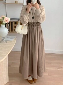 DAZY Women's Round Neck Color Block Paper Bag Waist Elegant Long Sleeve Dress,Casual Women Dresses,Back To School Clothes,Fall Dress - Camel - View 1