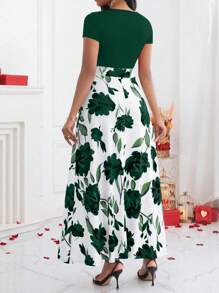 Lyxana Solid Color Patchwork Round Neck Short Sleeve Casual Long Dress Maxi Women Outfit