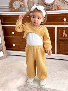 SHEIN Babygirl 3pcs Set Texture Detail Yellow Top, Fashionable Outfit For Outings In Autumn - Ginger - View 1
