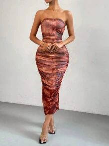 Chiquease 女士夏季时尚扎染网眼褶皱紧身吊带裙 - 棕色 - 查看 3
