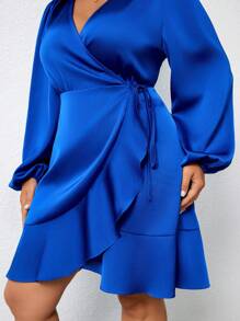Rometta Plus Size Elegant Lantern Sleeve Tie Side Decor Satin Wrap Dress Fall Cloth For Women