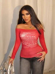 VaVaBold 露肩字母印花长袖T恤 - 紅色 - 查看 1