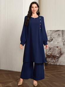 Al Najma 2pcs Women's Casual Solid Color Button Decor Split Hem Extra Long Top And Wide Leg Pants Set 2 Pieces Set Fall Cloth For Women - Royal Blue - View 3