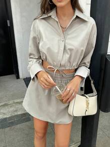 INAWLY 2pcs/Set Women Spring Summer Solid Color Drop Shoulder Blouse & Midi Skirt Casual Outfit - Khaki - View 6