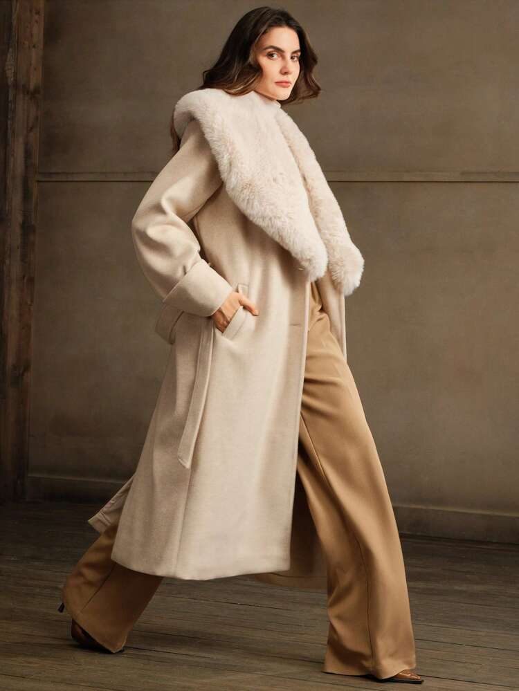 Women's Solid Color Woolen Turndown Collar Waisted Long Sleeve Casual Outwear Coat, Autumn & Winter