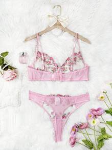 大尺碼刺繡網紗有鋼圈透視內衣2件套 - 粉色 - 查看 7