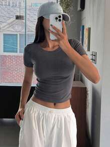 DAZY 女士休闲纯色修身短袖 T 恤，夏季 - 深灰色 - 查看 8