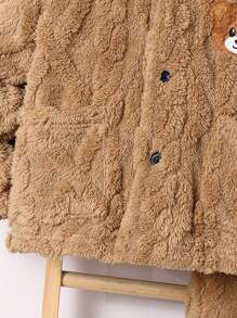 2pcs Kids Young Boy Casual Cute Bear Patch Long Sleeve Cardigan And Solid Color Straight Pants Coral Fleece 2 Pieces Outfit Set, Suitable For Commuting, School, Daily Casual, Holiday, Sportswear, Suitable For Fall, Winter Seasons