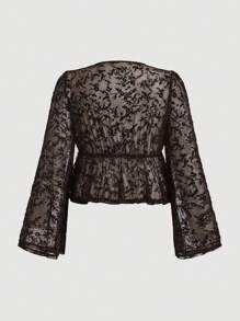 SHEIN MOD Plus Size Women's Mesh Flocked Bowknot Flare Sleeve Front Tie Blouse