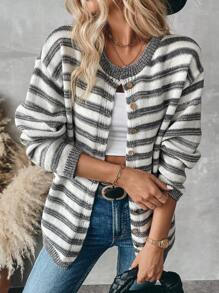 Chiquease Cárdigan informal y holgado con botones y estampado de rayas para mujeres