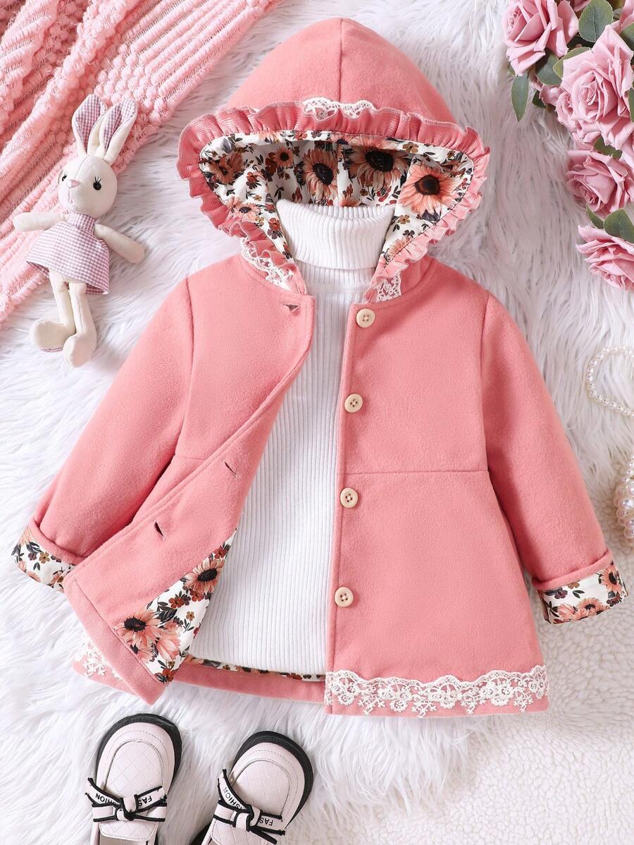 SHEIN 女童花卉蕾丝边连帽长开衫，秋冬季