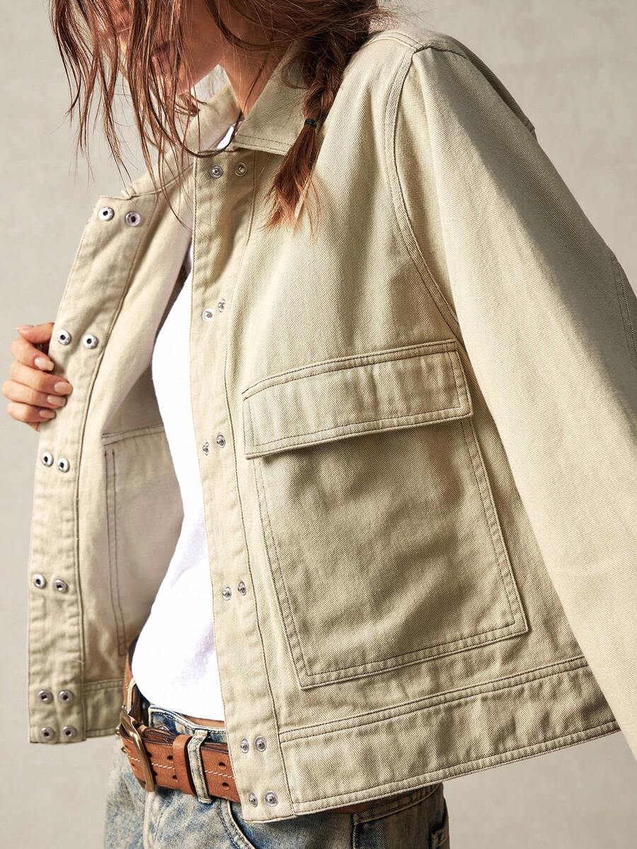 Bohemela Women's Loose & Relaxed Vacation Solid Color Woven Long Sleeve Fall Jacket - Khaki - View 1