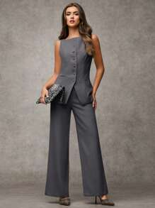 SHEIN BAE Women's Solid Color Round Neck Single-Breasted Vest And Pants Elegant Commuter Suit, Summer Fall Women Clothes Women Set Office Wear Business Casual Women Two Pieces Outfits Fall Women Office Wear Women Set Women Blazers Set - Dark Grey - View 7
