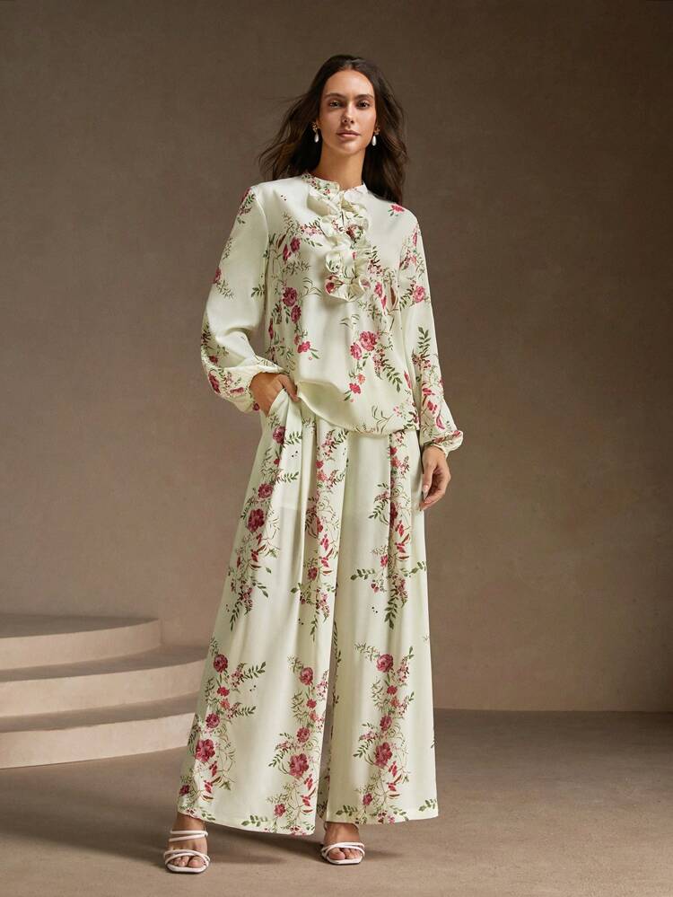 Elegant Vintage Floral Print Women's Trousers, French Style