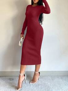 EURMUSE 女款純色修身毛衣連身裙 - 紅色 - 查看 3