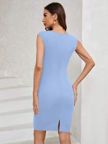 SHEIN Clasi 女士优雅荷叶边修身纯色紧身连衣裙，夏季 - 淺藍色 - 查看 2