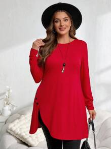 EMERY ROSE Plus Size Red Asymmetrical Hem Button Down Long Tee,Fall Women Clothes,Spring - Red - View 3