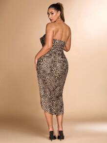 SHEIN BAE Plus Size Women's Summer Leopard Print Ruched Hem Slit Bandeau Fashion Dress - Multicolor - View 2