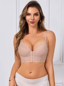 性感浪漫休闲舒适前扣蕾丝文胸，采用提升和聚拢设计，防下垂，罩杯调节，1 件套