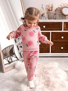 SHEIN 2pcs Baby Girls' Floral Print Pink Top And Pants Set, Fall/Winter - Pink - View 3