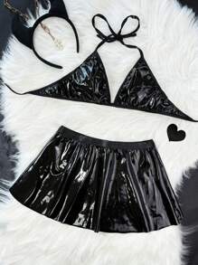 مجموعة أزياء تنكرية للنساء 4قطع (صدرية ، تنورة ، جوارب من الشبكة ، غطاء رأس) - الأسود - مشاهدة 6