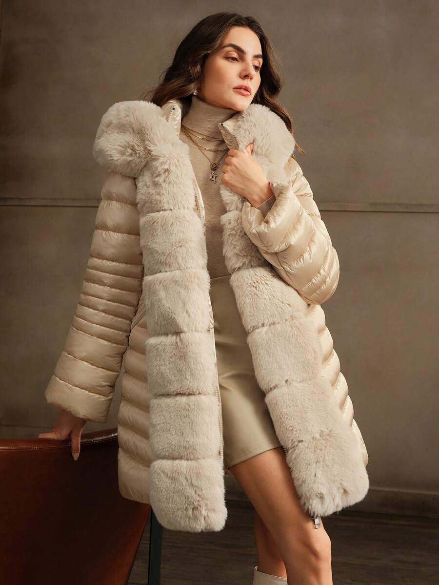 Anewsta 女士中长款可拆卸连帽厚绒毛领大衣，冬季