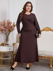 Modelyn Plus Size Brown Curve Elegant Cocktail Long Sleeve Dress,Minimalist Fish Tail Hem A Line Dresses For Evening Party,Wedding Guest,Anniversary Autumn - Brown - View 1