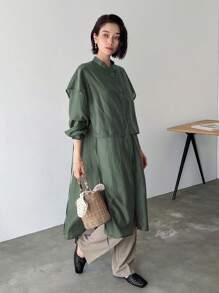 FRIFUL 女士休闲宽松纯色落肩长袖单排扣长衬衫，春秋季 - 綠色 - 查看 2