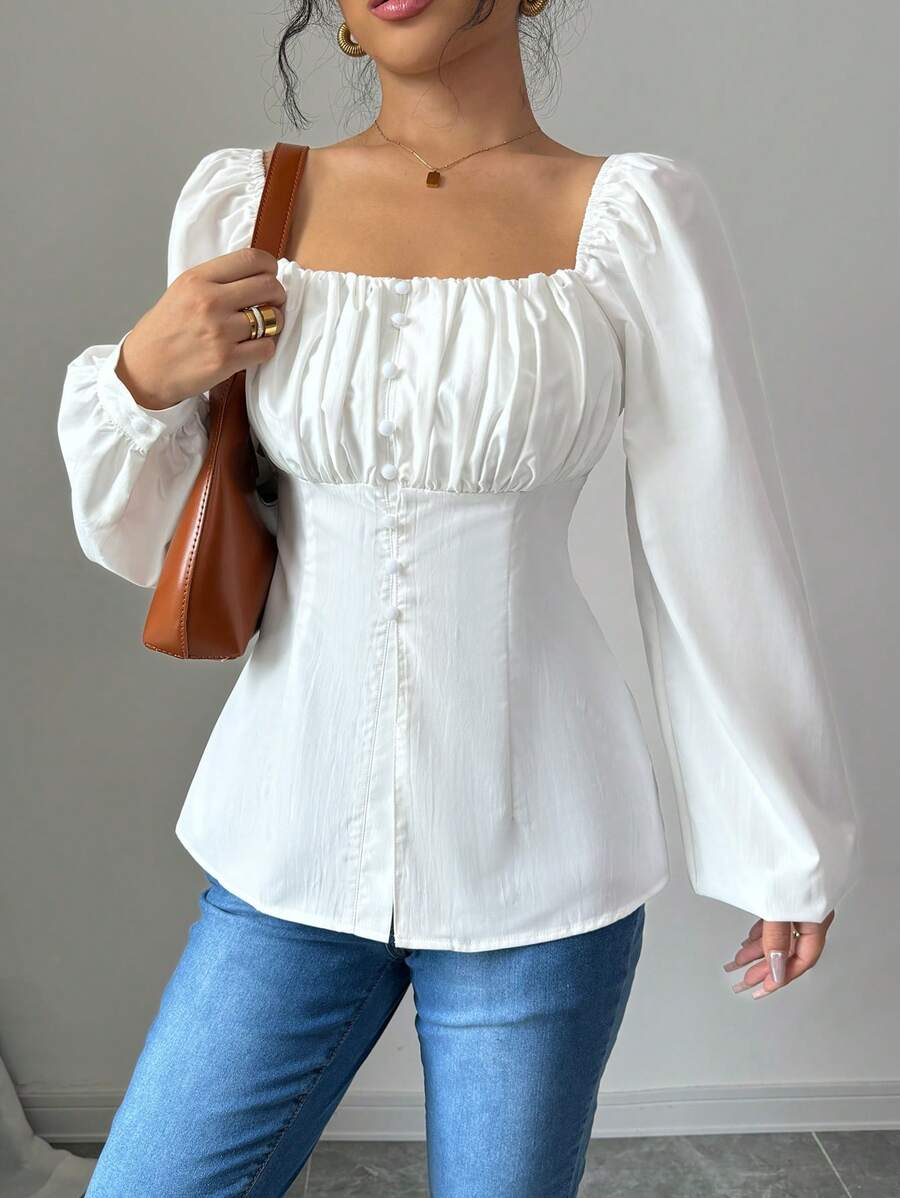 Chiquease New Arrival French Style Square Collar Pleated Keyhole Front Slit Blouse - White - View 1