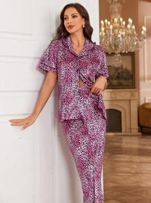 Pink Leopard Print Velvet Top And Pants Sleepwear Pajama Set - Hot Pink - View 6